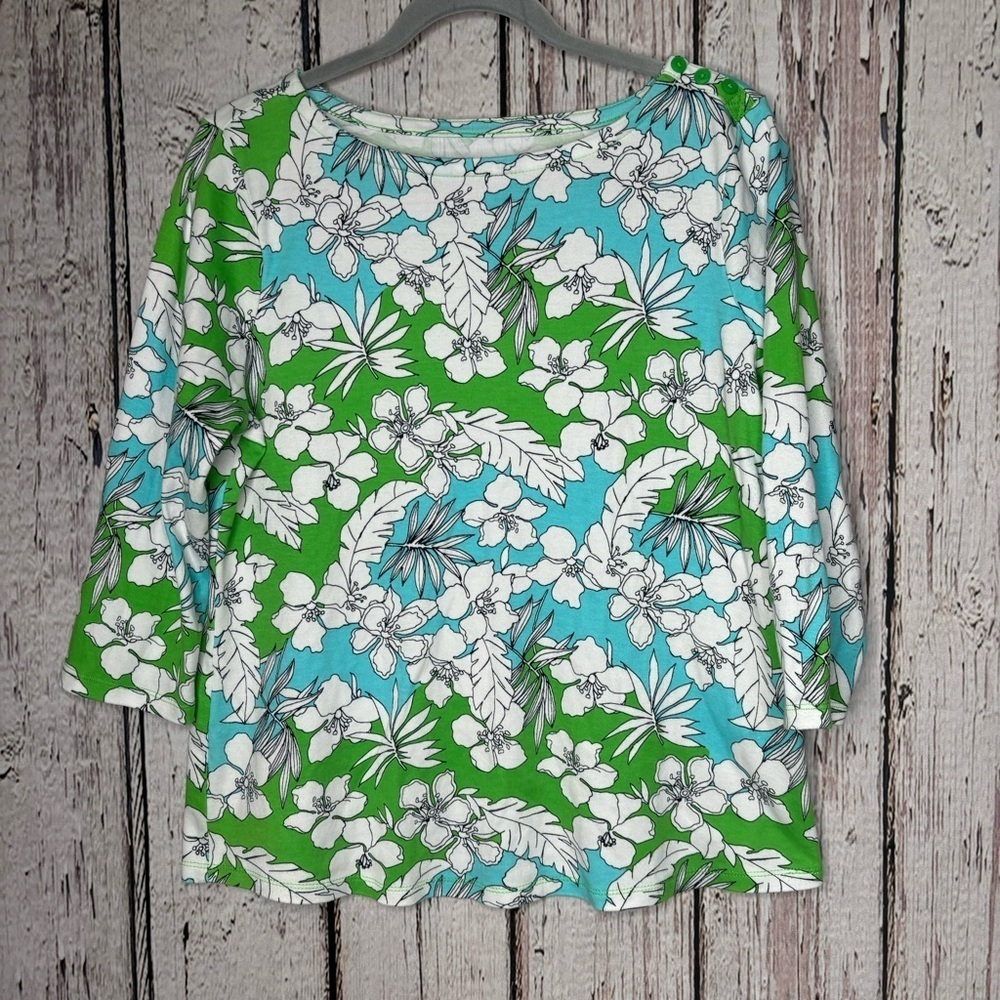 Charter Club Women’s 3/4 Sleeve Top Supima Cotton Tropical‎ Floral Print Large*